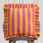 Striped ruffle cushion mustard and pink