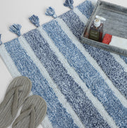 Ocean blue striped tassel bath mat